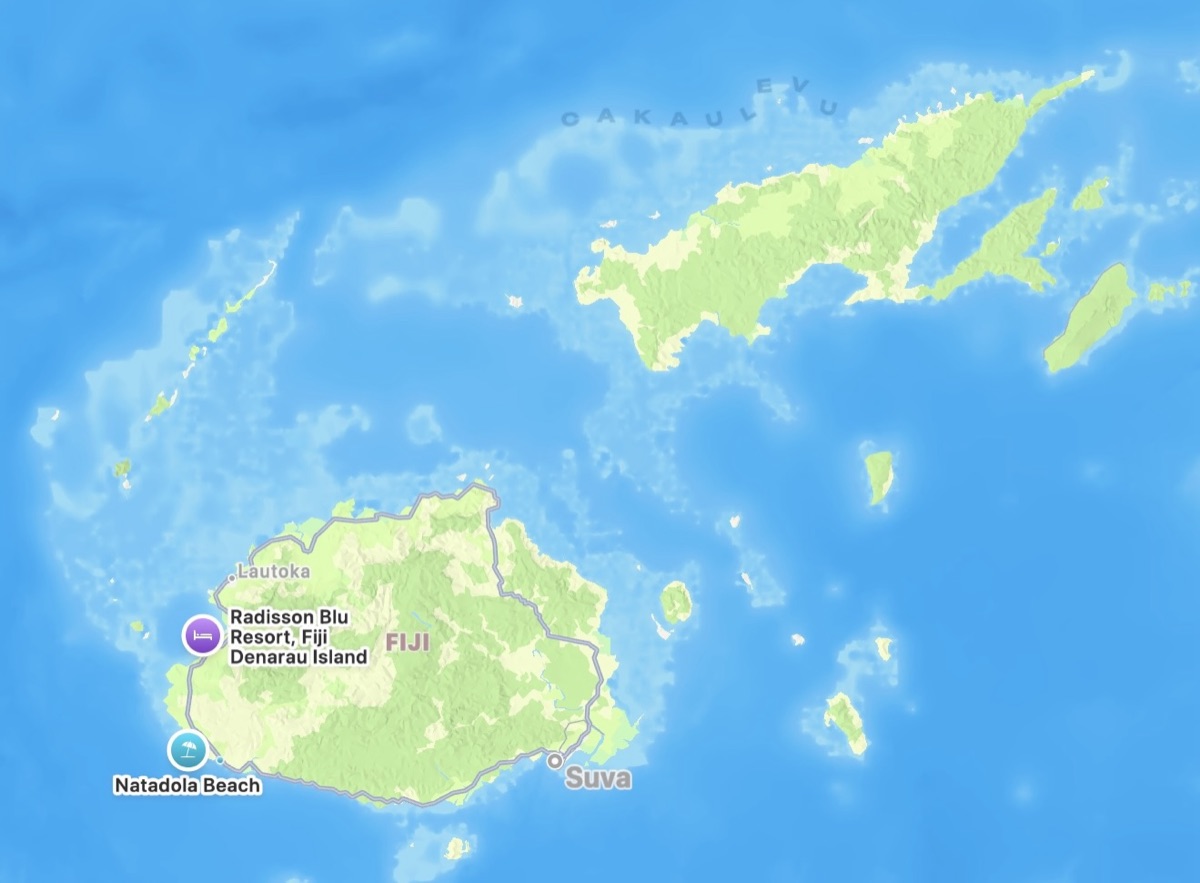 Map of Fiji showing Denarau Island and Natadola Beach on the Coral Coast.