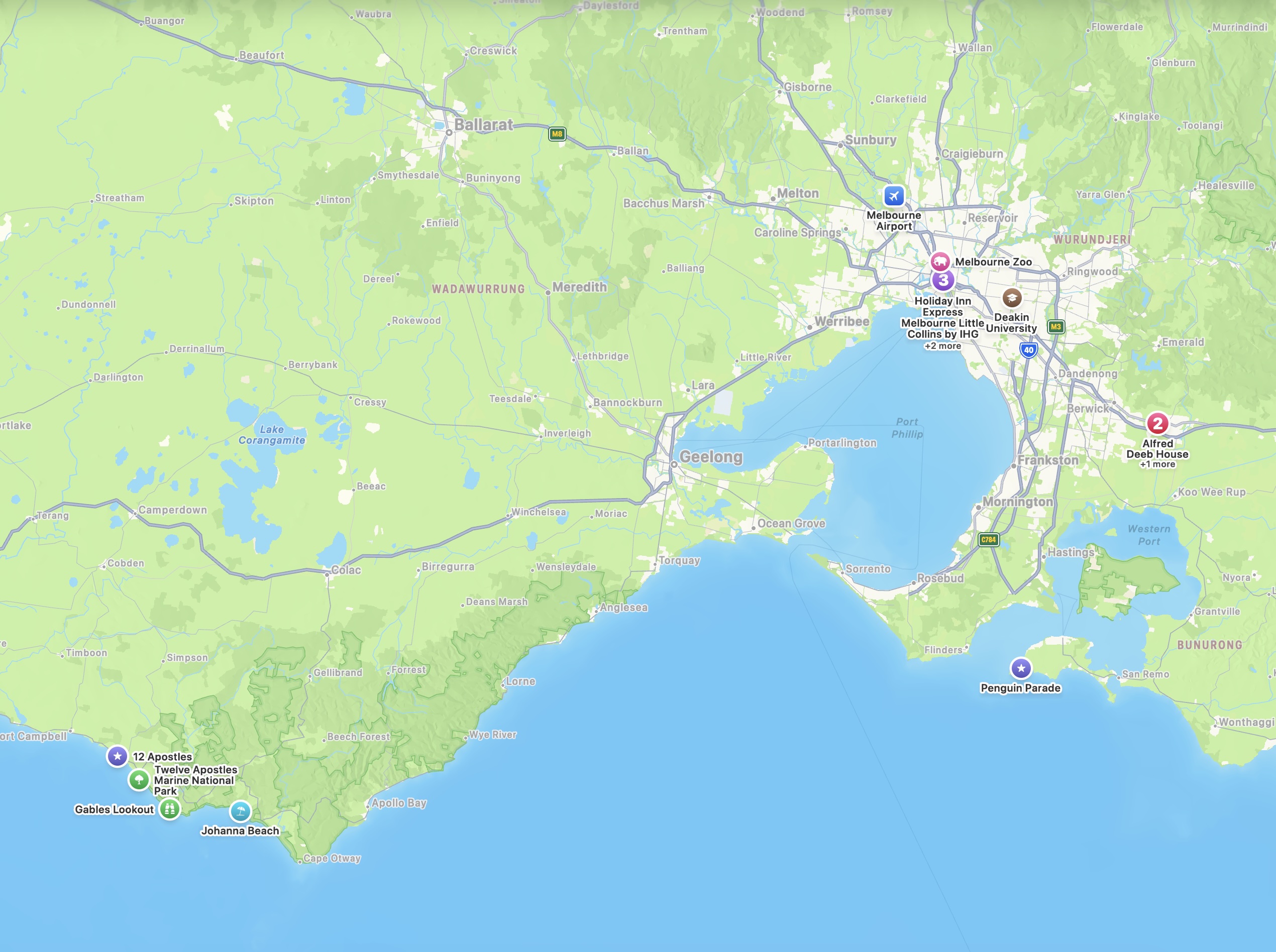 Map of Victoria showing Melbourne, the Penguin Parade, and the Twelve Apostles along the coast.