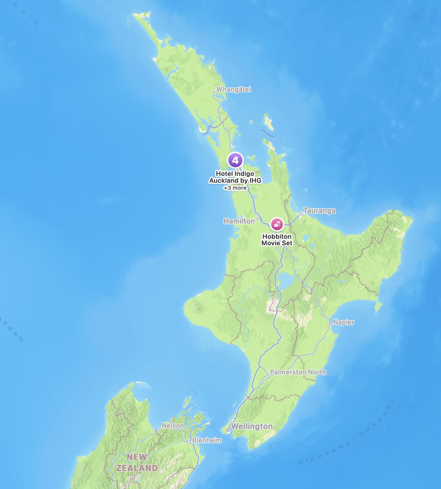 Map of New Zealand's North Island showing Auckland and the Hobbiton Movie Set.